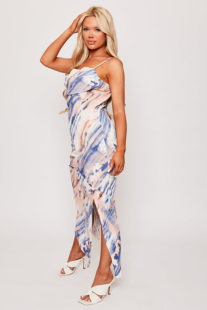 Harmony - Pink & Blue Tie Dye Side Split Midaxi Dress