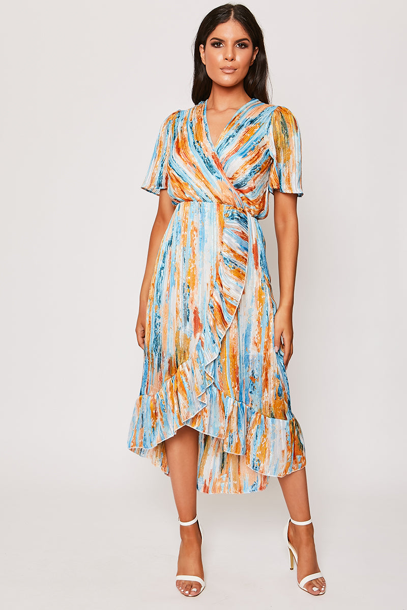 Kylissa - Blue Watercolour Print Wrap Midi Dress