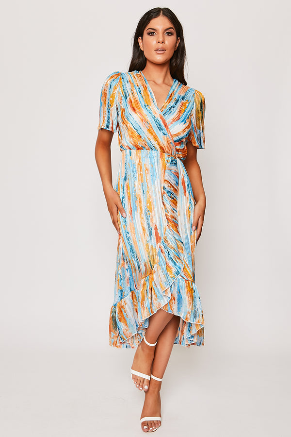 Kylissa - Blue Watercolour Print Wrap Midi Dress