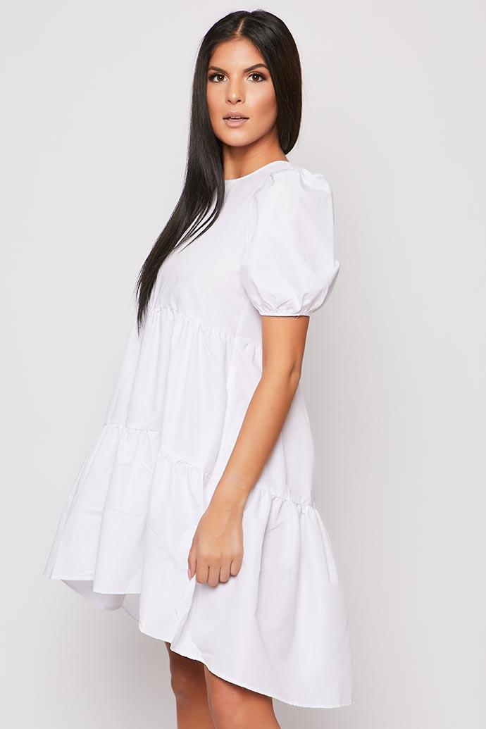 Mari - White Tiered Short Sleeve Smock Dress