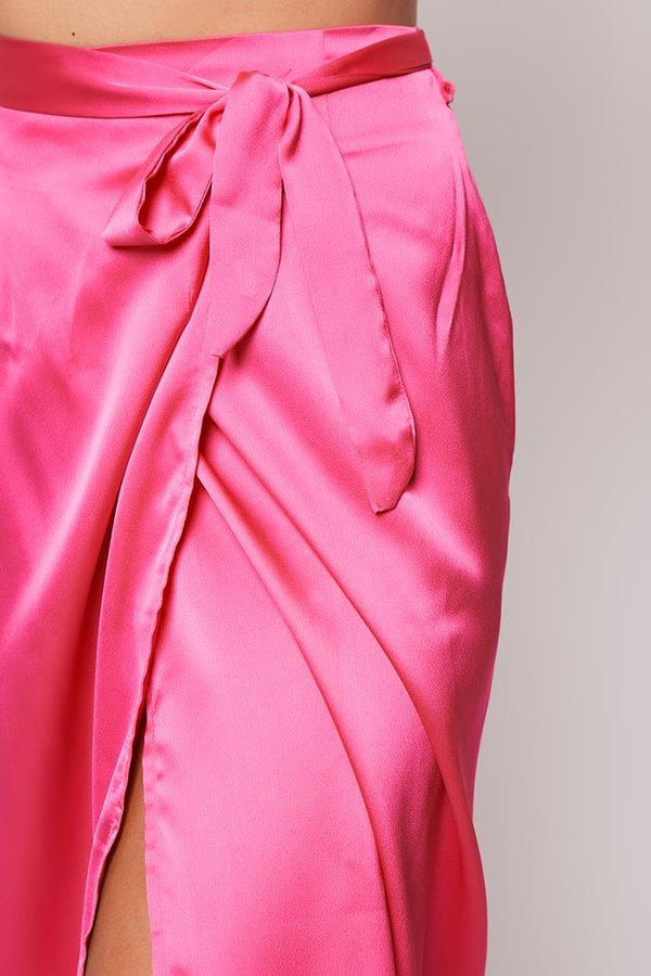 Lainee - Pink Wrap Tie Side Satin Wrap Midi Skirt