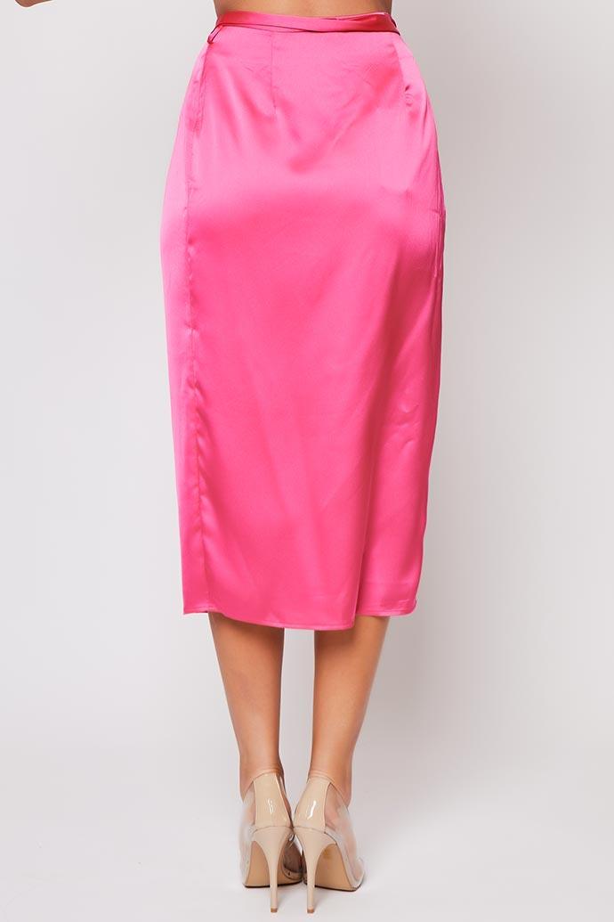 Lainee - Pink Wrap Tie Side Satin Wrap Midi Skirt