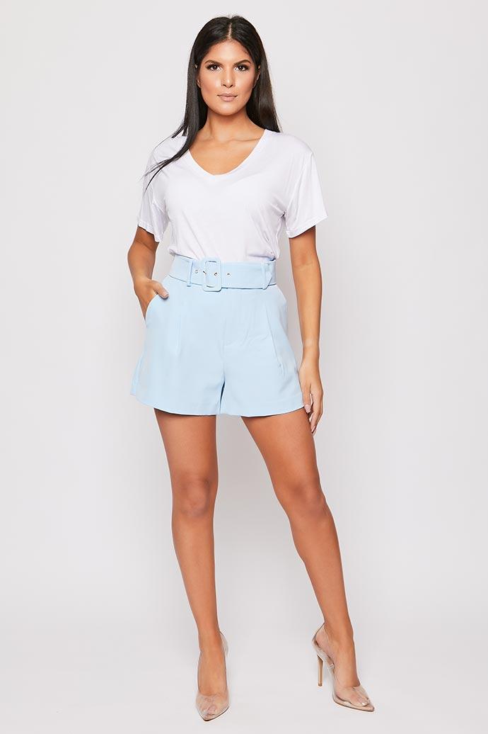 Meah - Baby Blue High Waisted Belted Shorts