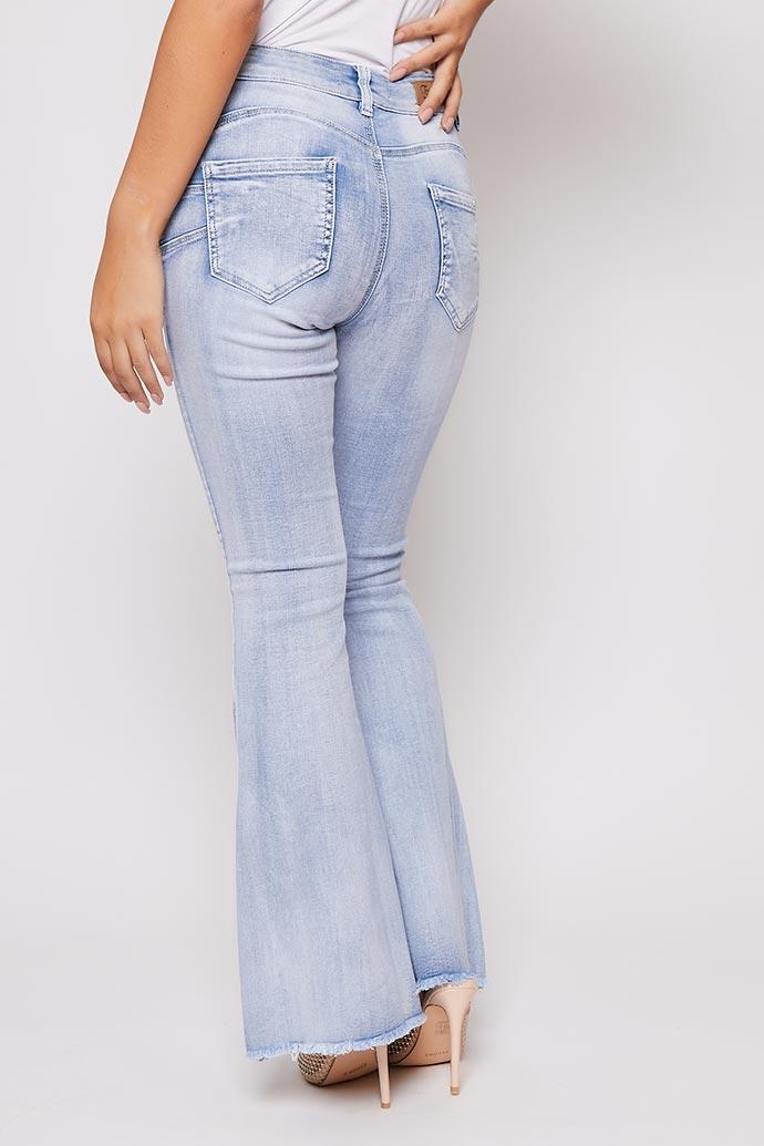 High Waisted Mid Wash Blue Denim Flared Jeans