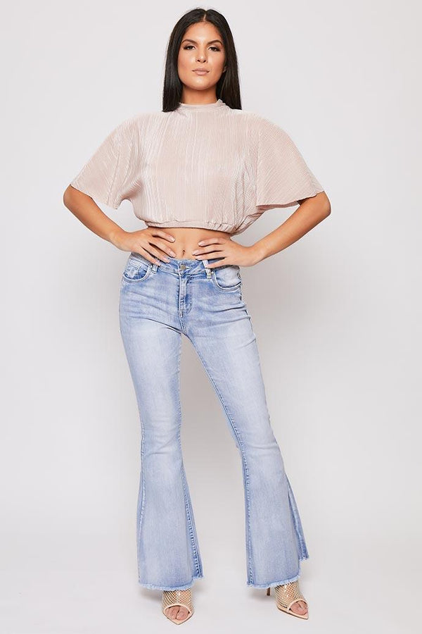 Elle - Blush Nude Crinkle Puff Sleeve Crop Top