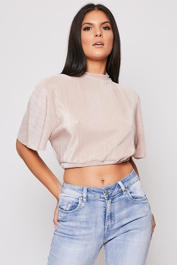 Elle - Blush Nude Crinkle Puff Sleeve Crop Top 