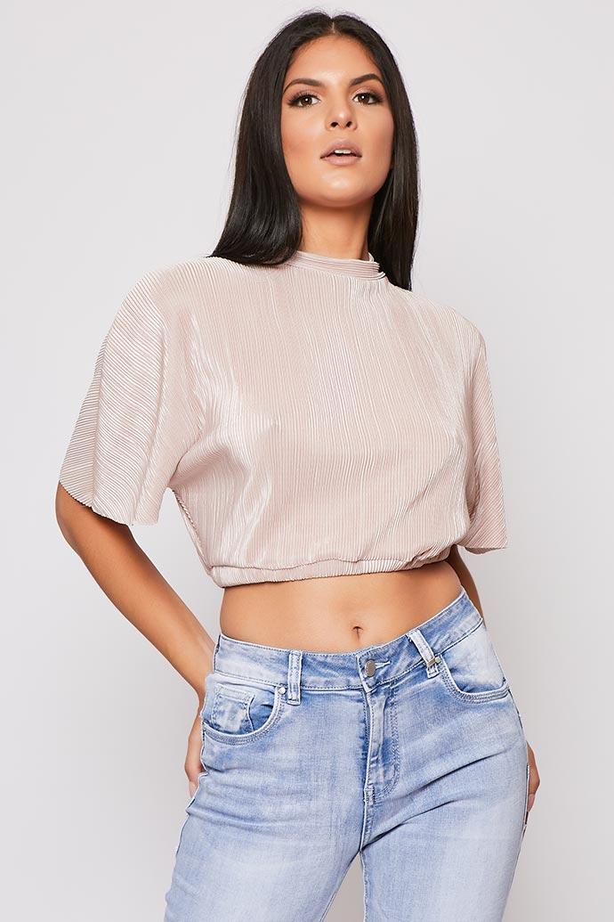 Elle - Blush Nude Crinkle Puff Sleeve Crop Top 