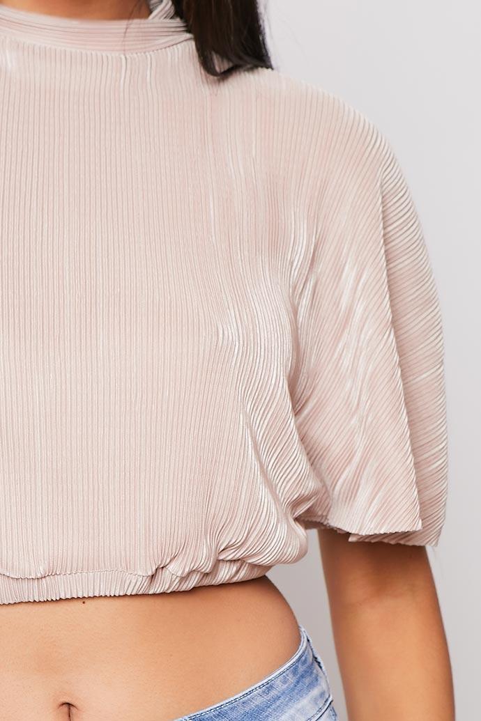 Elle - Blush Nude Crinkle Puff Sleeve Crop Top