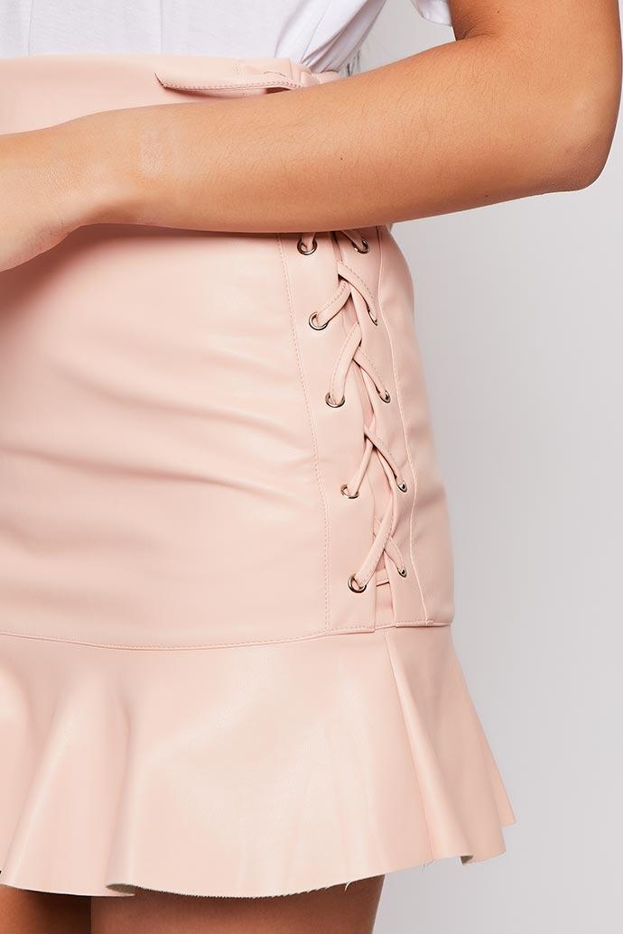 Grace - Pink Frill Hem Faux Leather Mini Skirt