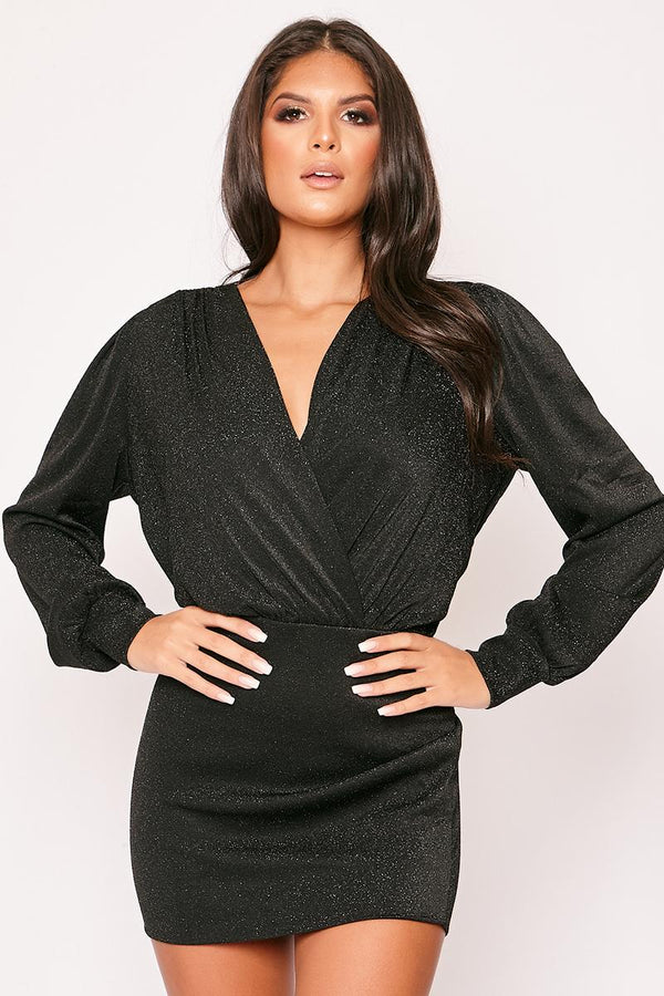 Larah - Black Lurex Shimmer Long Sleeve Wrap Over Mini Dress