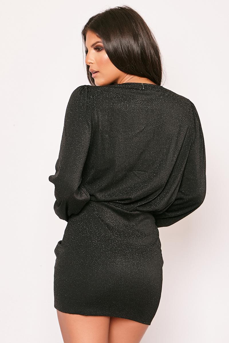 Larah - Black Lurex Shimmer Long Sleeve Wrap Over Mini Dress