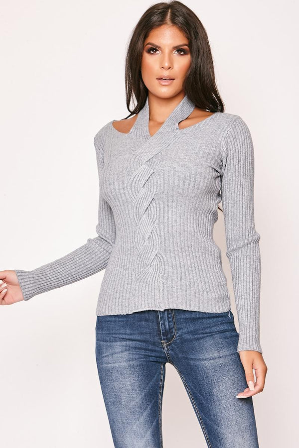 GeeGee - Grey Cable Knit Choker Jumper