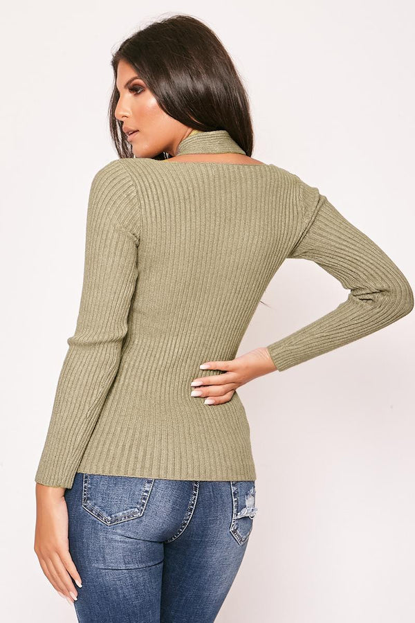 GeeGee - Khaki Cable Knit Choker Jumper