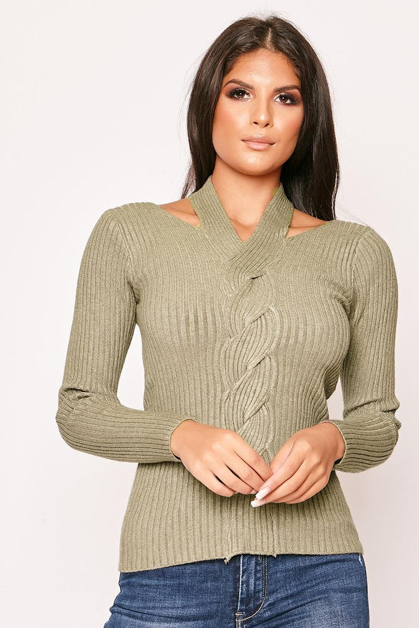 GeeGee - Khaki Cable Knit Choker Jumper