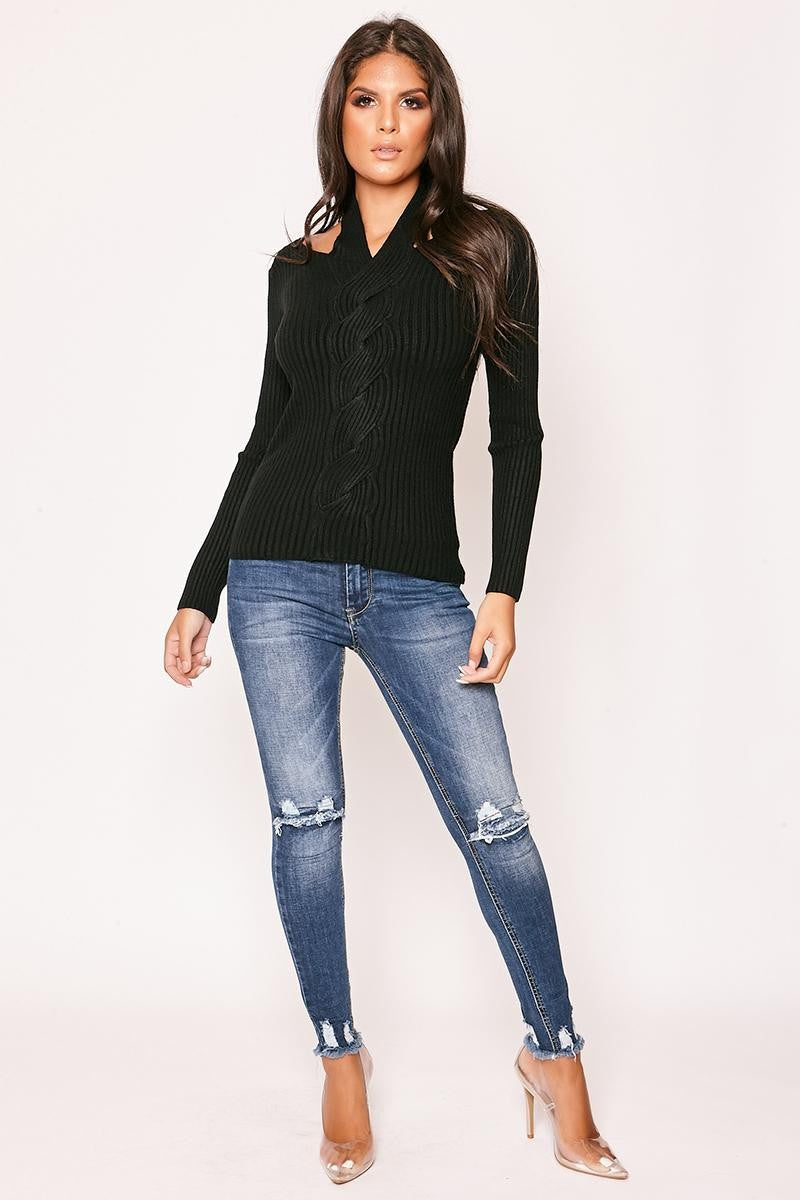 GeeGee - Black Cable Knit Choker Jumper