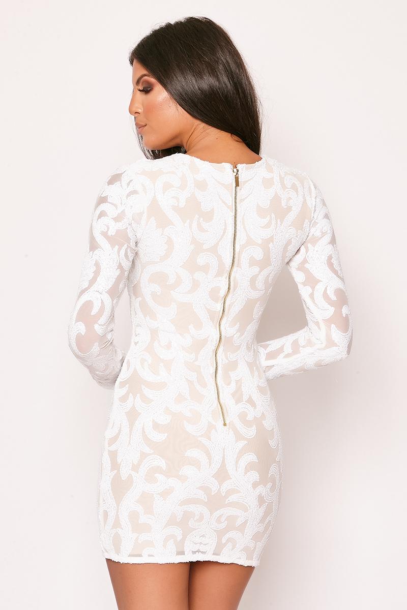 Nyomi - White Sequin Long Sleeve Bodycon Dress