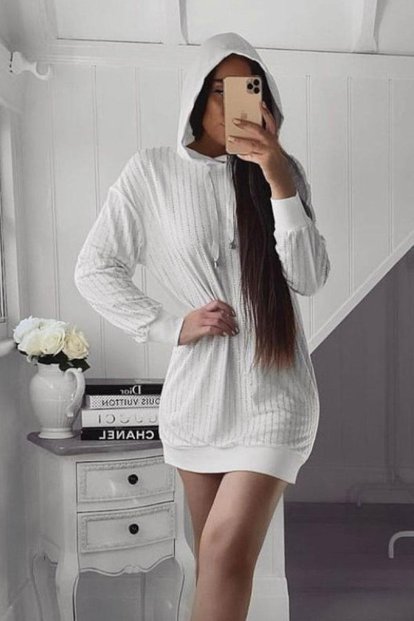 Kandise - White Diamante Detail Hooded Jumper Dress