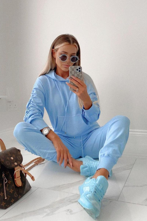 Mareena - Blue Ruched Hooded Knitted Loungewear Set