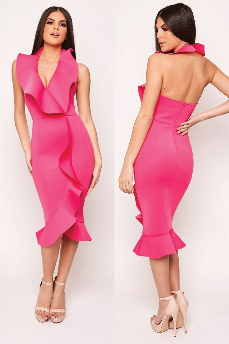 Aleeyah - Pink Halterneck Plunge Frill Scuba Bodycon Dress