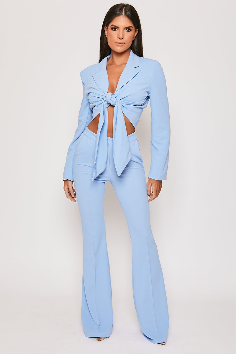 Blair - Baby Blue Tailored Front Knotted Blazer & Bell Bottom Trouser Set