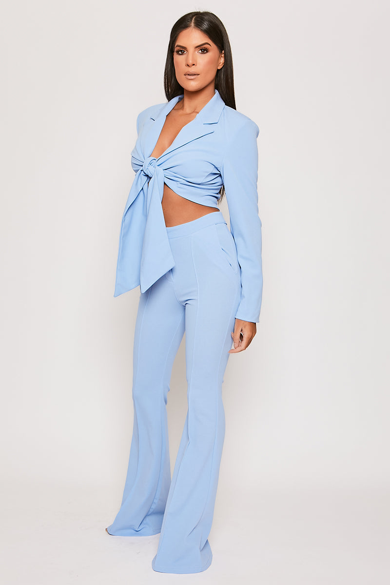 Blair - Baby Blue Tailored Front Knotted Blazer & Bell Bottom Trouser Set