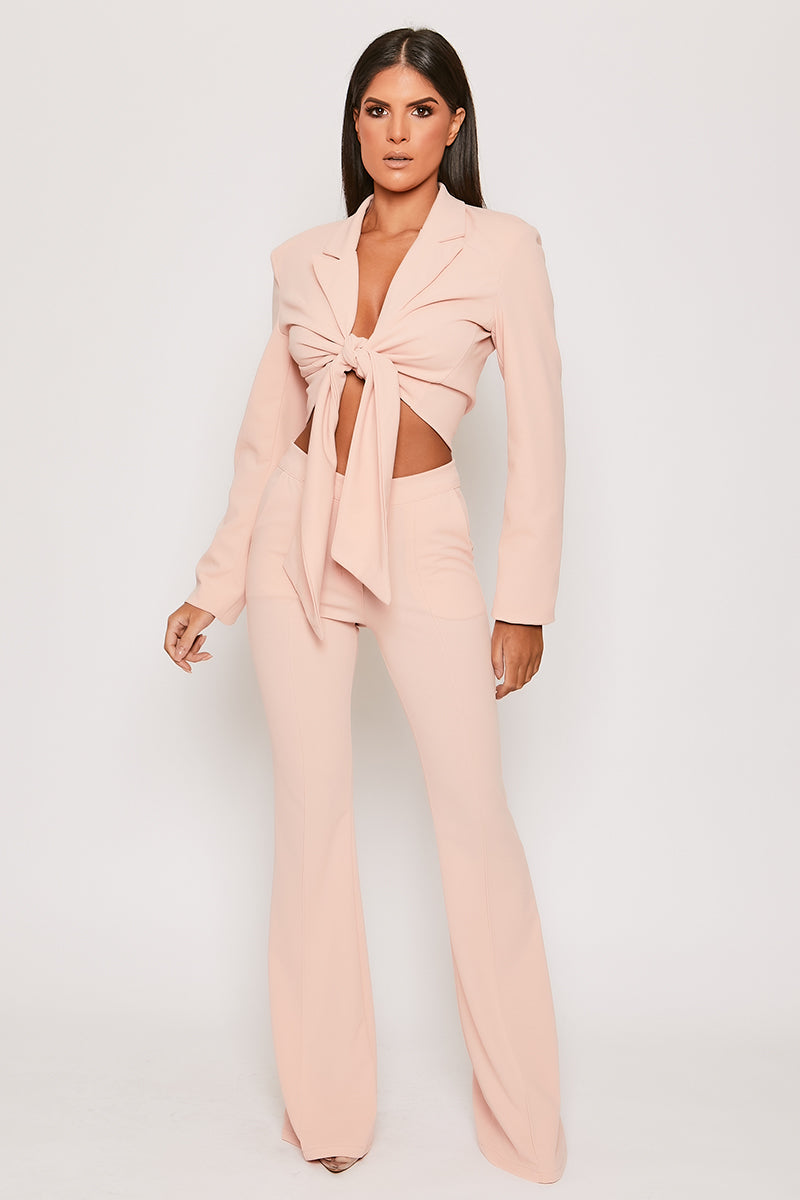 Blair - Baby Pink Tailored Front Knotted Blazer & Bell Bottom Trouser Set