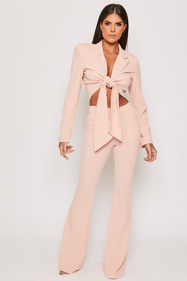 Blair - Baby Pink Tailored Front Knotted Blazer & Bell Bottom Trouser Set