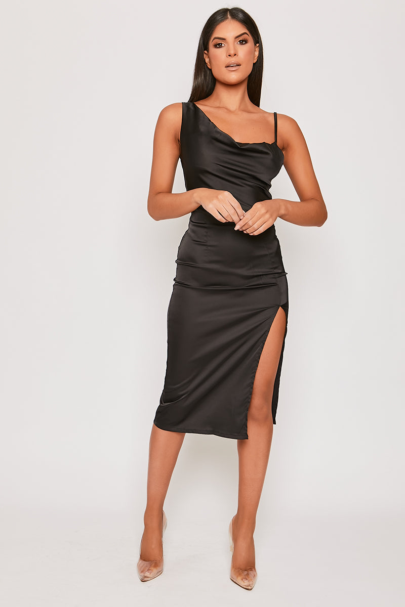 Finley - Black Satin Thigh Split Midi Dress