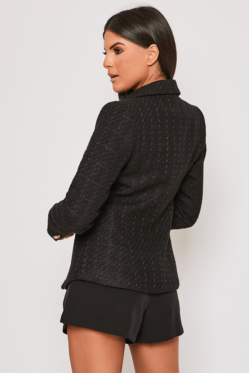 Clancy - Premium Black Contrast Knit Thread Gold Button Blazer