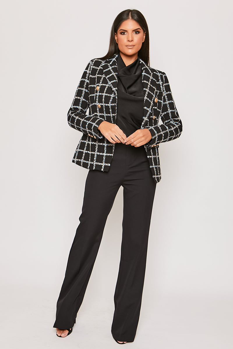 Coralia - Metallic Thread Black Check Gold Button Blazer