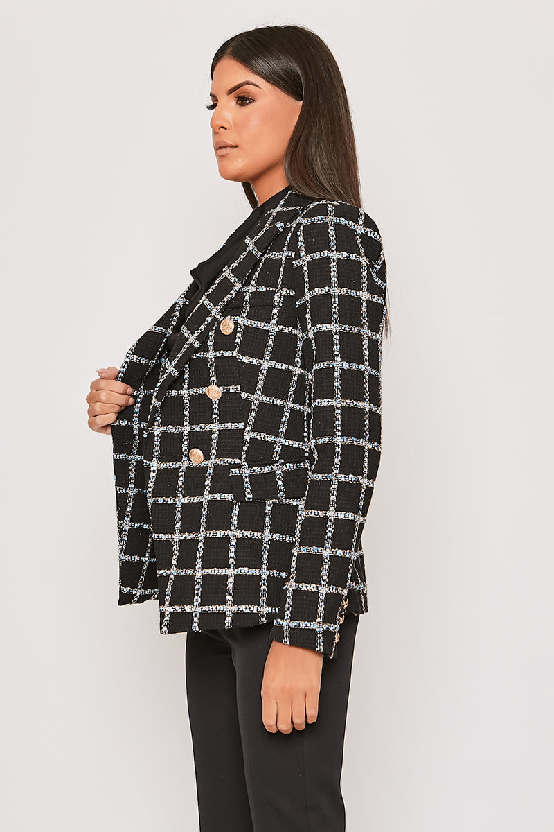 Coralia - Metallic Thread Black Check Gold Button Blazer