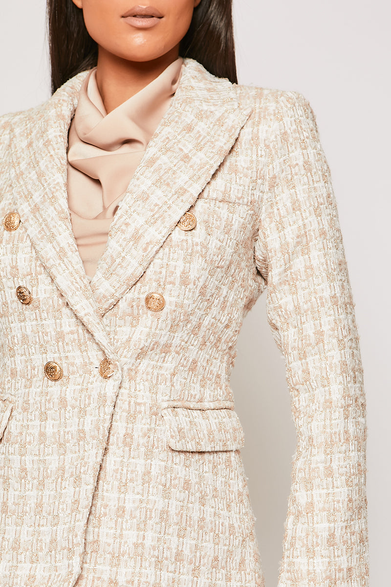 Clarisse - Nude & White Checked Knit Thread Gold Button Blazer