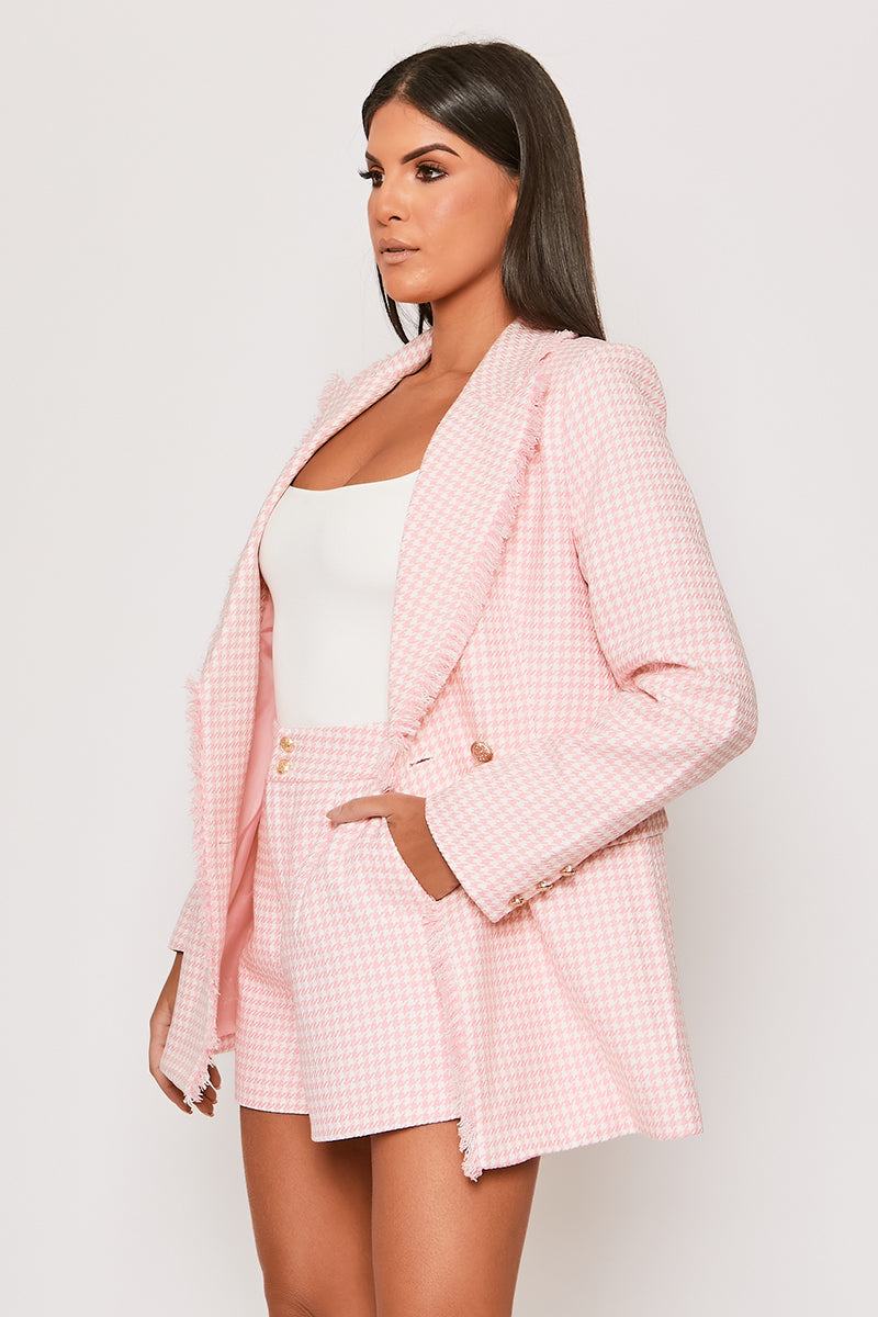 Emmalyn - Premium Pink Houndstooth Gold Button Blazer & Short Set