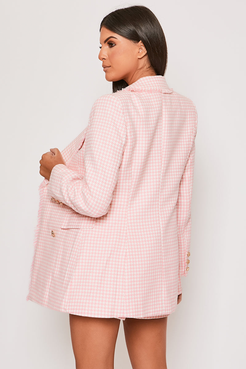 Emmalyn - Premium Pink Houndstooth Gold Button Blazer & Short Set