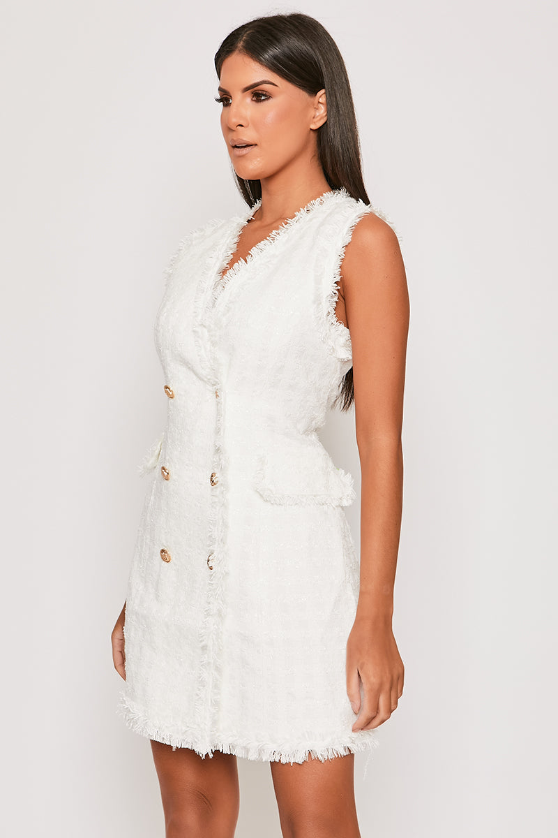 Molly - Premium White Sleeveless Tweed Blazer Dress