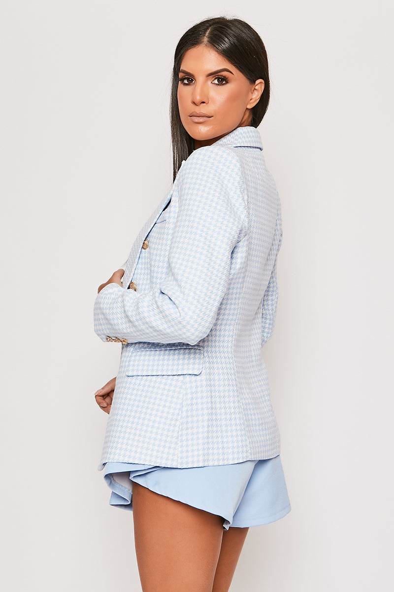 Alexina - Premium Baby Blue Houndstooth Gold Button Blazer