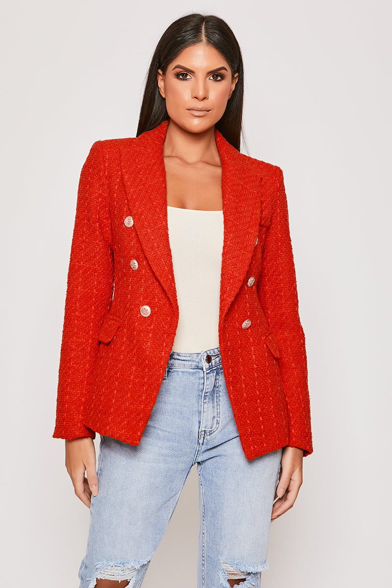 Clancy - Premium Red Contrast Knit Thread Gold Button Blazer