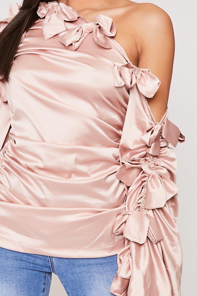 Cersi - Pink Satin Bow Detail One Shoulder Top