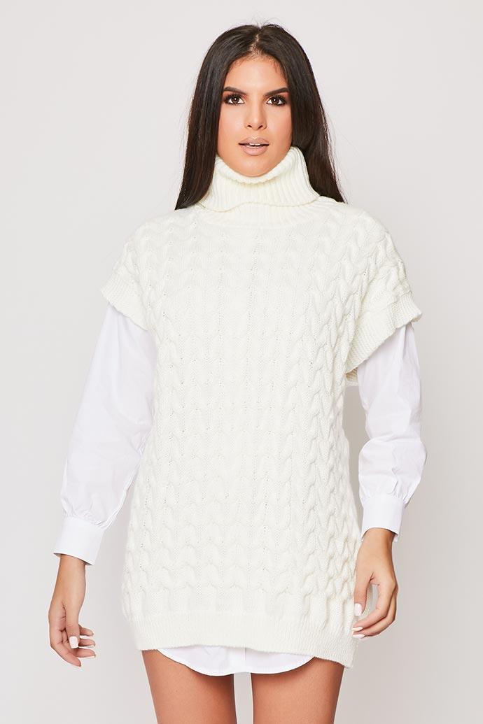 Daizie - Cream Cable Knit Roll Neck Oversized Jumper Dress