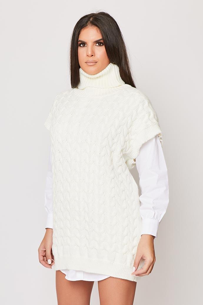 Daizie - Cream Cable Knit Roll Neck Oversized Jumper Dress