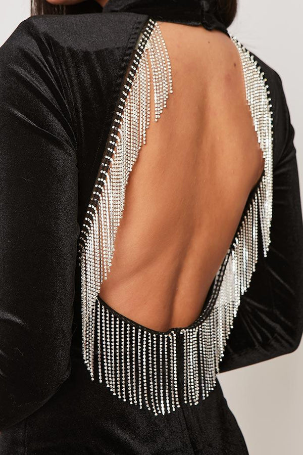 Domenica - Black Velvet Diamante Tassle Backless Bodysuit 