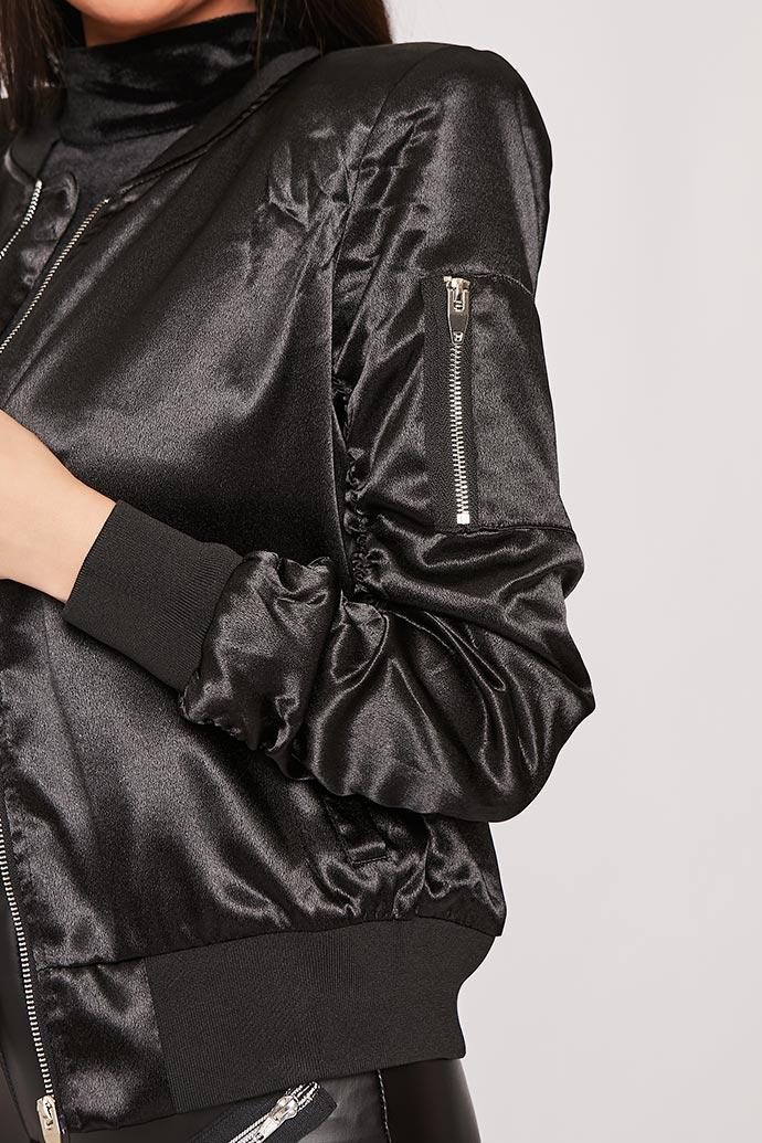 Misse - Black Ruched Sleeve Satin Bomber Jacket