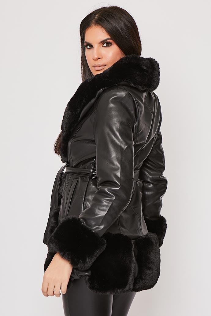 Valentina - Black Faux Fur Trim Belted Coat