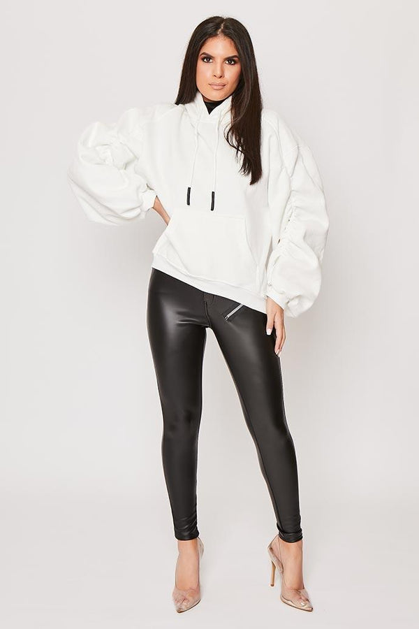 Lexi - White Ruched Sleeve Hooded Sweatshirt 