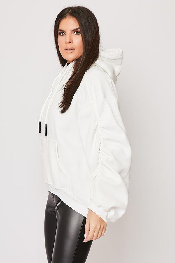 Lexi - White Ruched Sleeve Hooded Sweatshirt