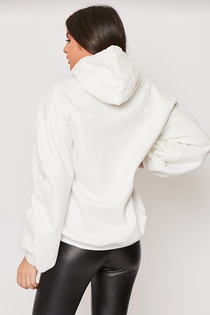 Lexi - White Ruched Sleeve Hooded Sweatshirt