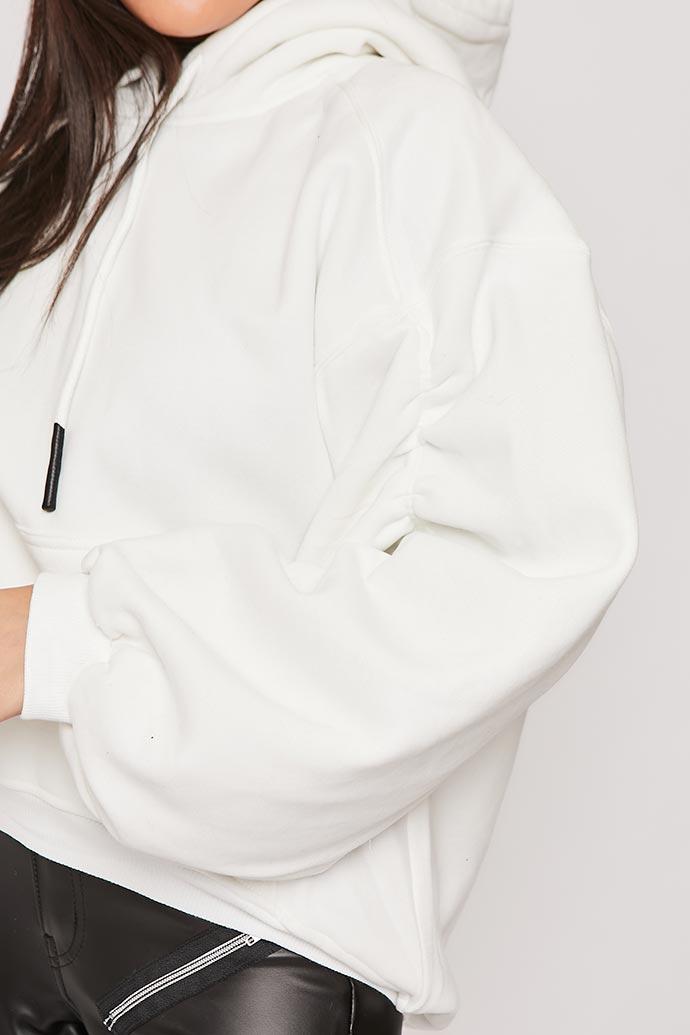 Lexi - White Ruched Sleeve Hooded Sweatshirt
