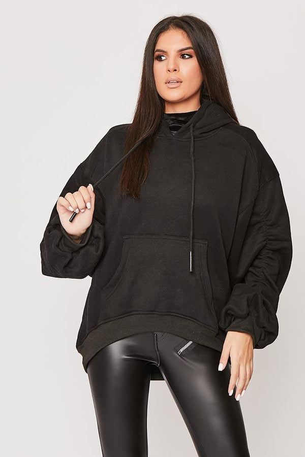 Lexi - Black Ruched Sleeve Hooded Sweatshirt