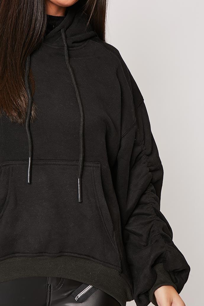 Lexi - Black Ruched Sleeve Hooded Sweatshirt