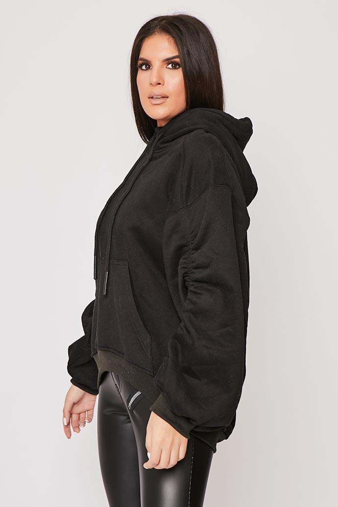 Lexi - Black Ruched Sleeve Hooded Sweatshirt